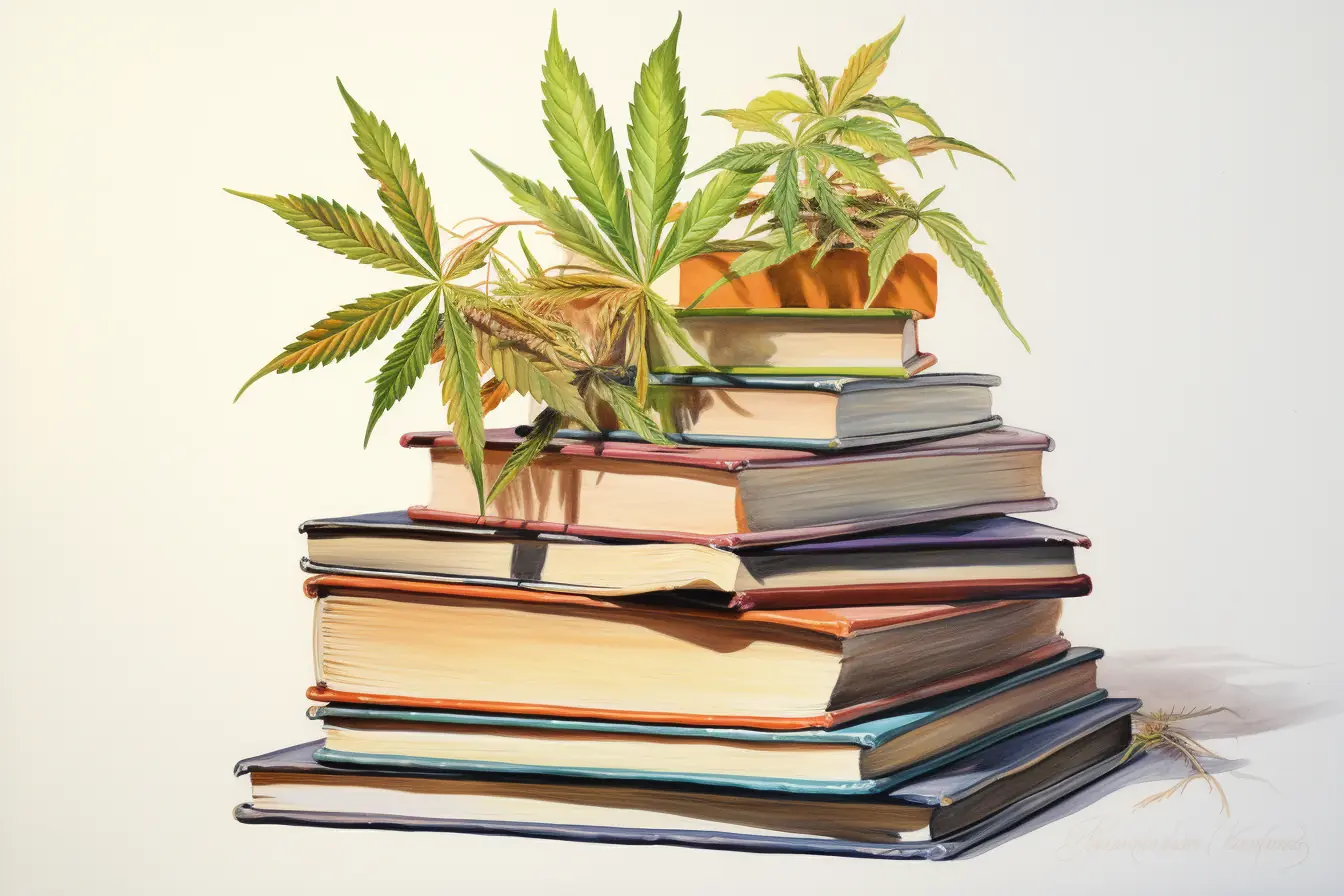 Eine bunte Mischung aus Büchern und Cannabisblättern, die eine interessante Kombination ergeben. Ein Stapel von Büchern in verschiedenen Farben ist mit grünen Cannabisblättern bedeckt, die eine Pflanze darstellen, die viele Namen hat.