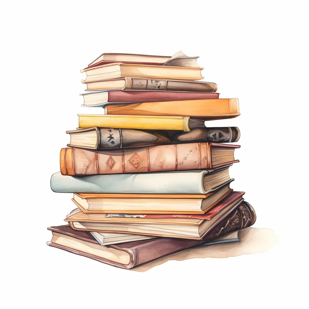Eine Illustration von Büchern in zarten Pastellfarben, die übereinander liegen - eine Mischung aus Realität und Fantasie. Eine Reihe von Büchern in zarten Farbnuancen liegt übereinander - eine Illustration, die zwischen Wirklichkeit und Fantasie schwebt.