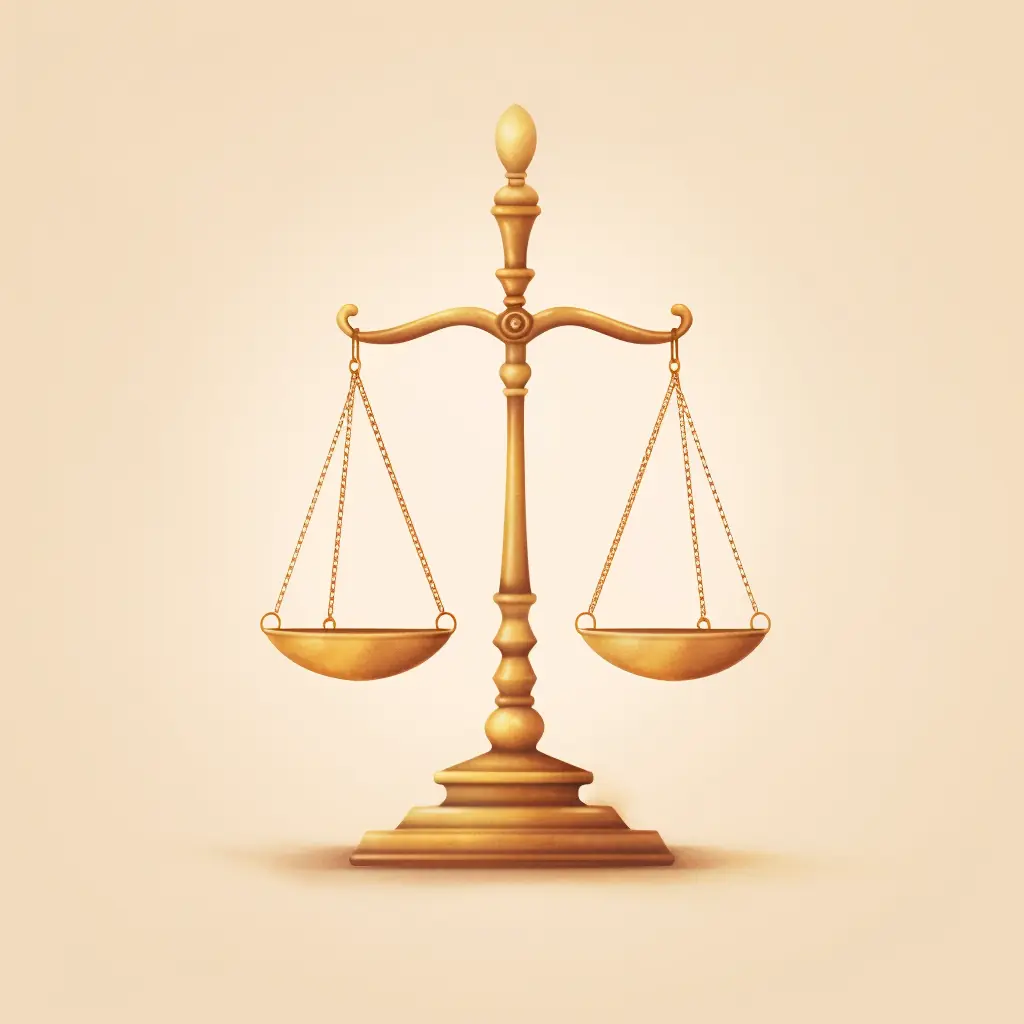 Eine Waage in sanften Tönen symbolisiert das Recht - eine einfache und elegante Zeichnung. Ein goldenes Symbol für das Recht steht auf einem hellen Hintergrund hervor.
