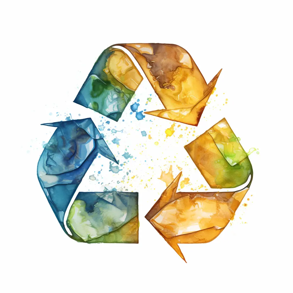Eine künstlerische Darstellung von Recycling-Symbolen in sanften Farben, die halb echt, halb gezeichnet wirken. Ein weißer Hintergrund bildet den Rahmen für ein Recycling-Zeichen, das sich durch seine Farbe abhebt.