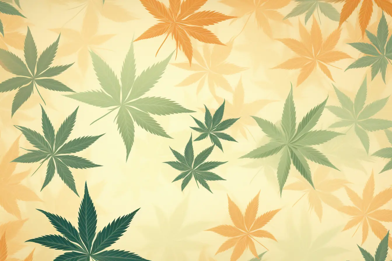 Ein Hintergrunddesign aus Cannabisblättern in angenehmen Pastellfarben. Ein Cannabis Social Club in Lübeck hat einen beigen Hintergrund als Ausstattung, der mit einem Muster aus Cannabisblättern bestückt ist.